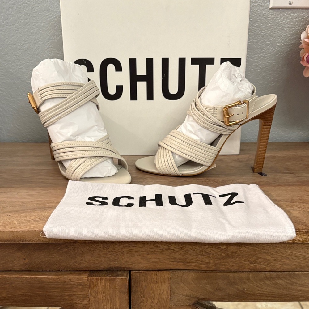 SCHUTZ Cream Strappy Heels with Gold Accent